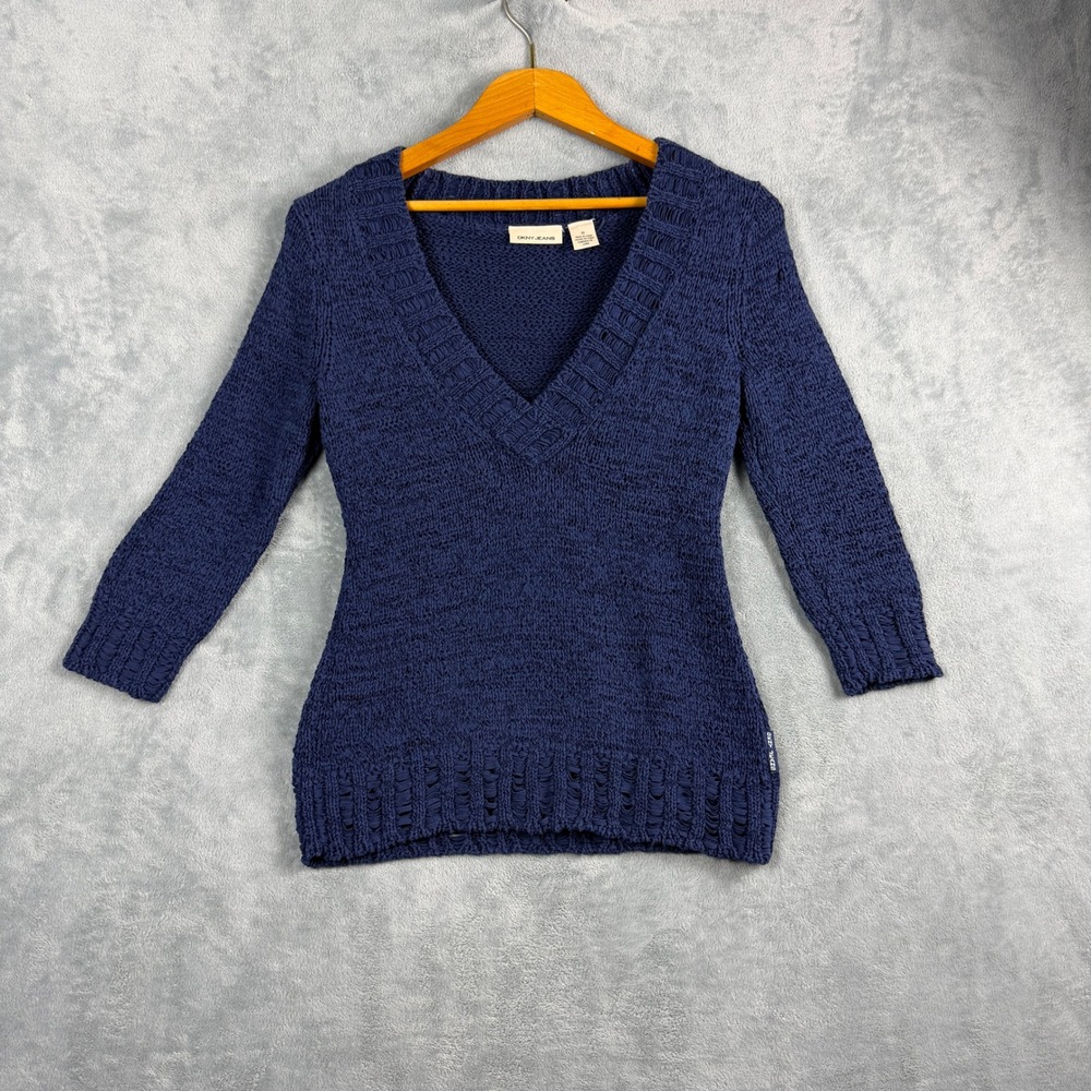 DKNY Jeans Womens M Navy Blue V-Neck Sweater 3/4 Sleeve Open Knit Boho Y2K Top